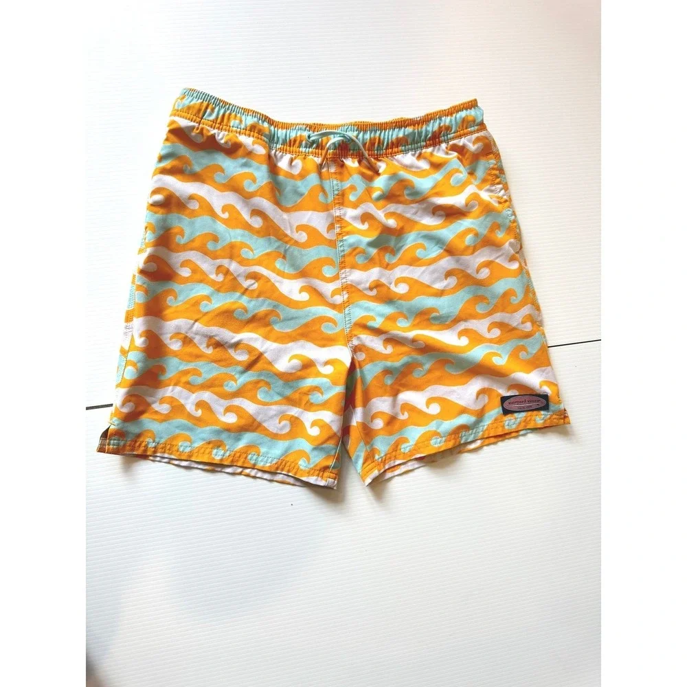 Vineyard Vines Swim Trunks Mens XL Orange‎ Wave Print Coastal